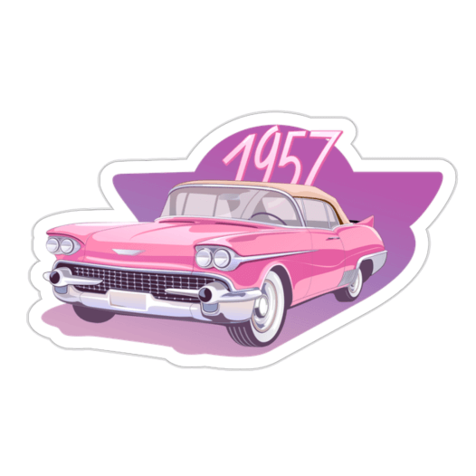 Kiss-cut sticker of a pink vintage car and the year “1957” above it.