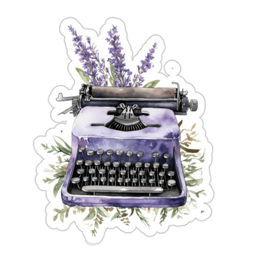 Kiss-cut sticker of a purple typewriter surrounded by lavender plants.