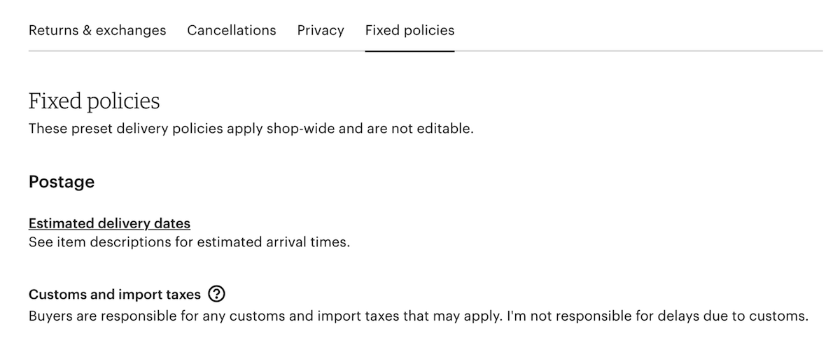 A close-up screenshot of the "Fixed Policies" tab in Etsy's Shop Manager "Policy Settings" page.