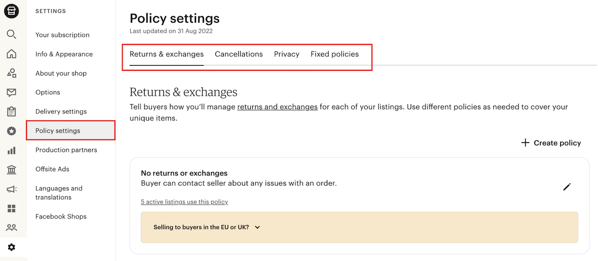 A screenshot of Etsy's "Policy Settings" page opened inside the Shop Manager with the "Policy Settings" menu option and the tabs inside the page highlighted in red.
