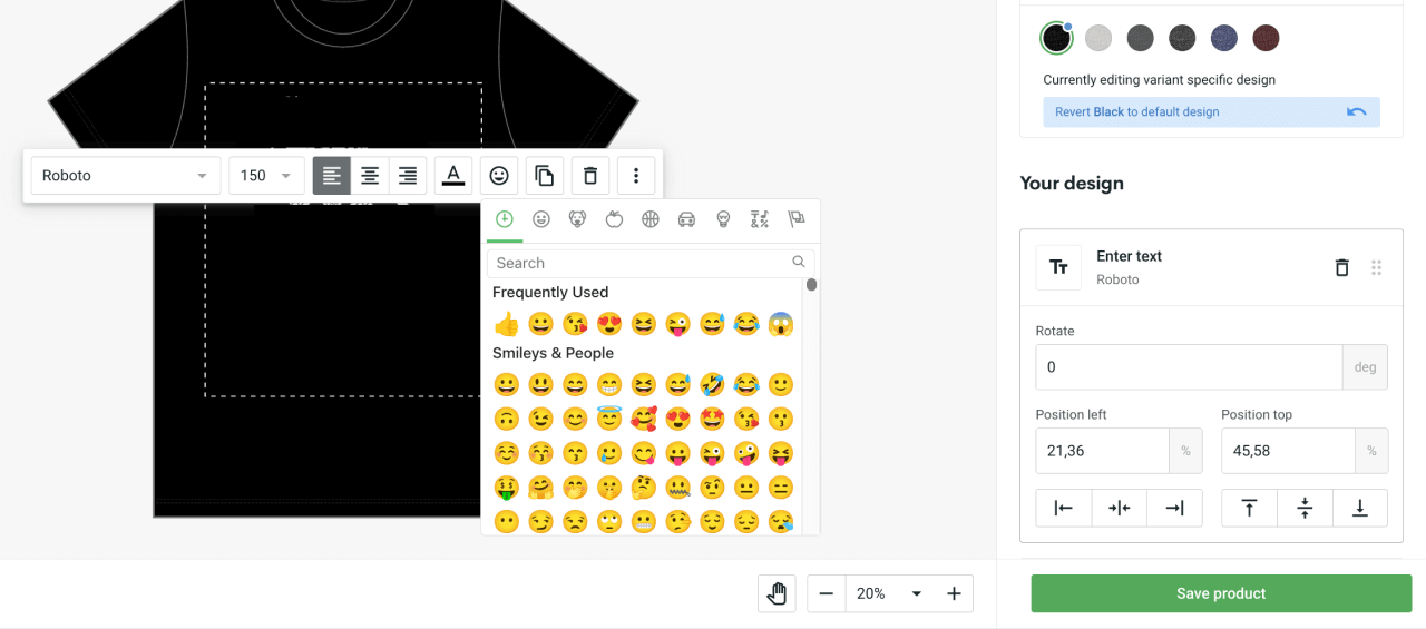 A screenshot of the Printify Mockup Generator's newly added emojis accessible using the text tool.