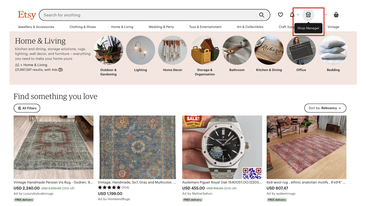 Screenshot of Etsy's home page with the "Shop Manager" icon highlighted in red.