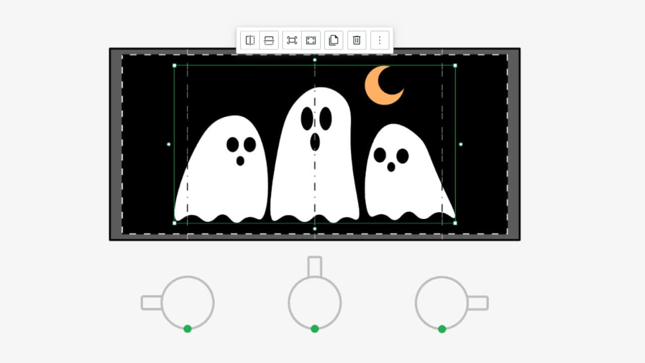 How to Print on a Mug – Apply Your Design A design of three cartoon ghosts being applied on a black mug within the Printify's Mockup Generator interface.