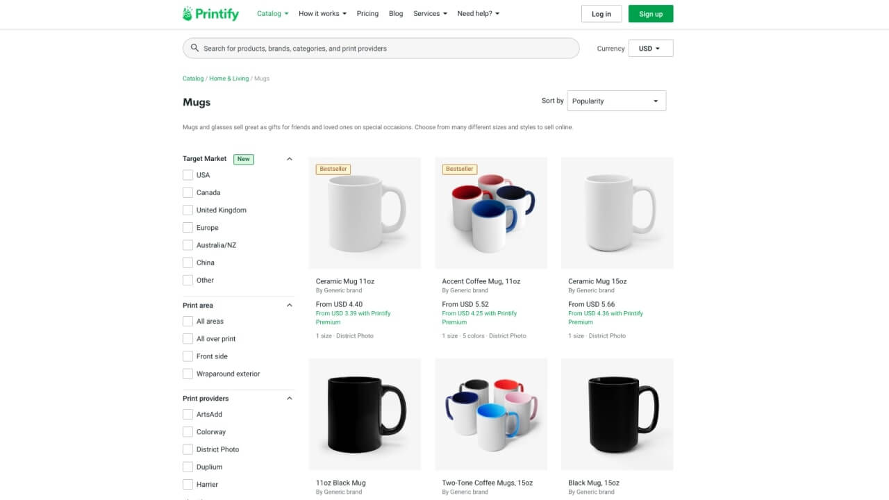 The “Mugs” section of Printify Catalog showing various white, black, and accent mugs.