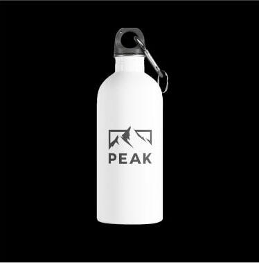 White water bottle with a minimalistic logo of mountains and the company name “Peak” underneath.