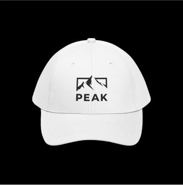 Logo Merchandise Headwear e1689344206308 White trucker cap with a minimalistic logo of mountains and the company name “Peak” underneath.