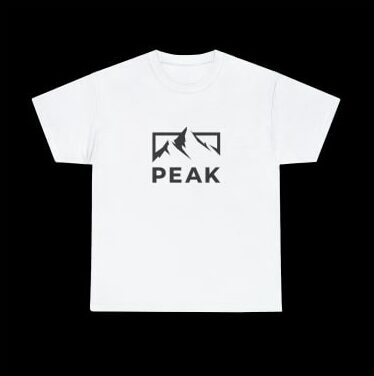 White t-shirt with a minimalistic logo of mountains and the company name “Peak” underneath.
