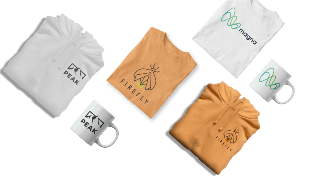 A collection of white and orange hoodies, t-shirts, and mugs with various custom logos.