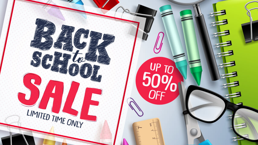 A store banner for a back-to-school sale promoting school essentials for an up to 50% discount
