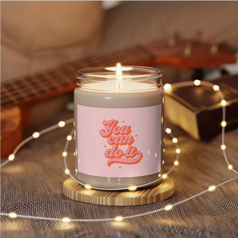 Personalized scented candle with an inspirational design that says "You can do it"