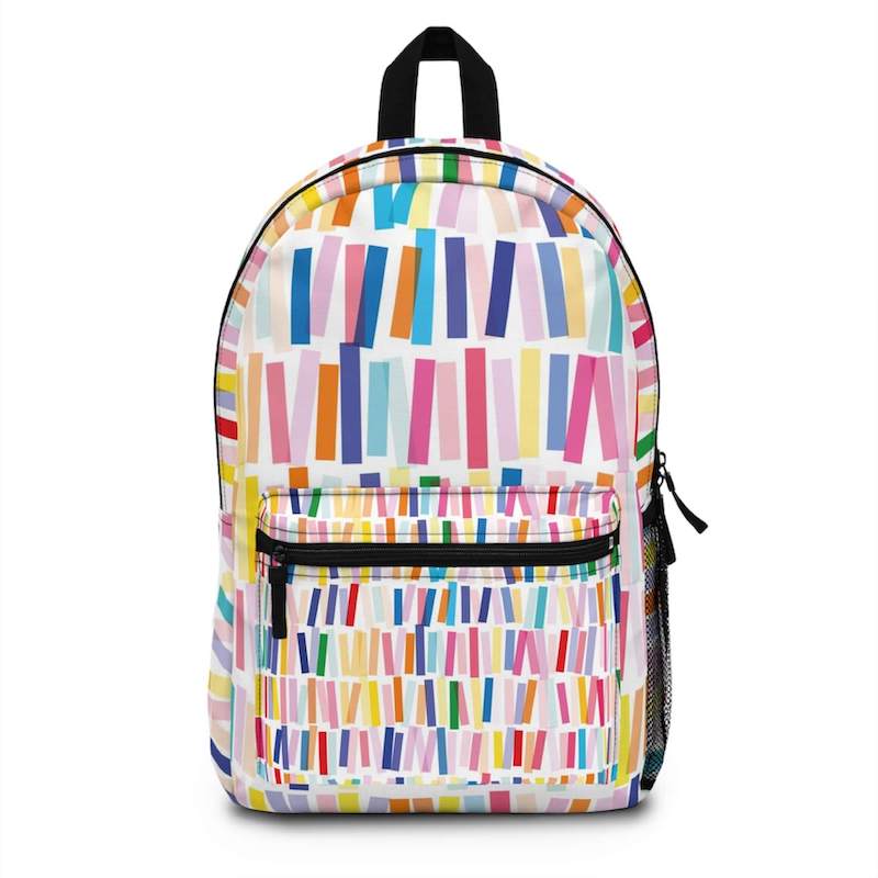 A backpack with a custom design – a pattern of colorful stripes.