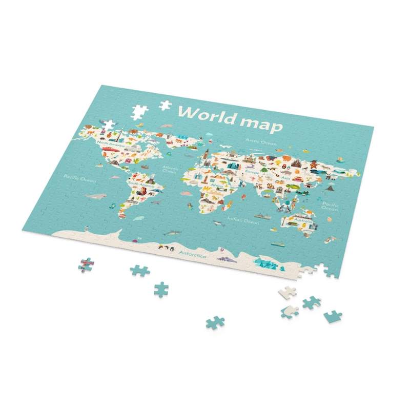 A custom puzzle with a world map design for some back-to-school fun.