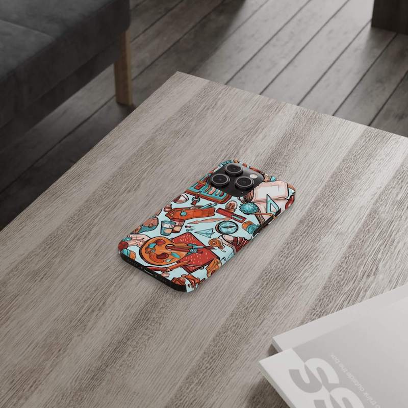 A slim phone case with a custom design – a pattern of colorful school essentials and symbols.
