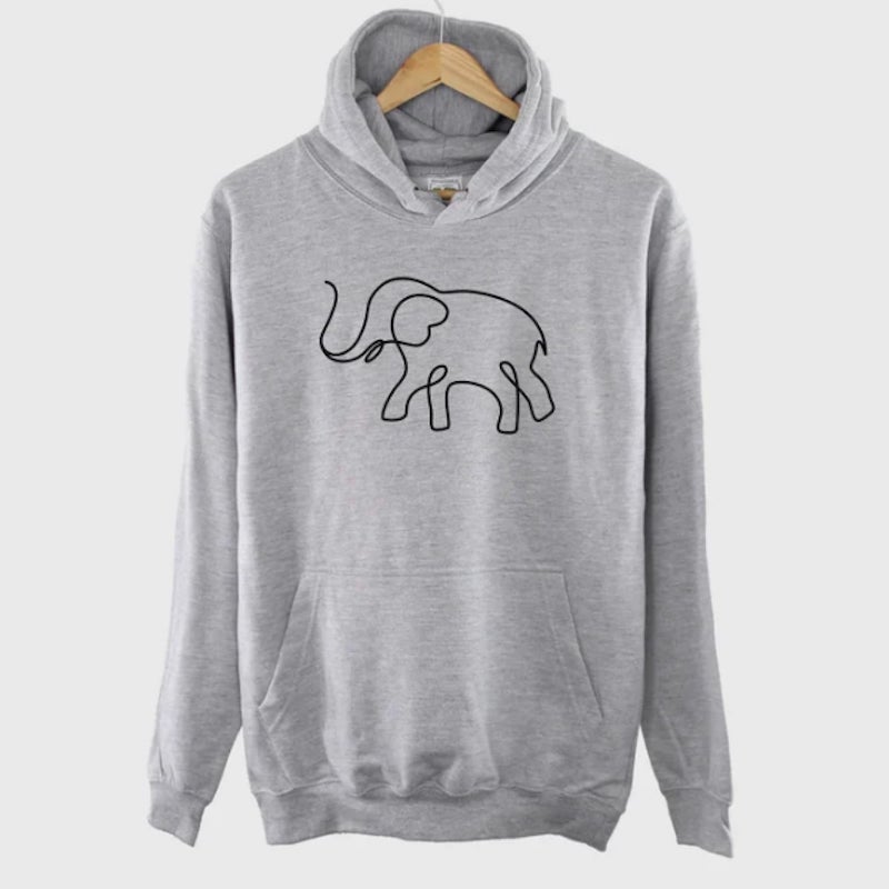 Grey sports hoodie with a black line art design of an elephant.