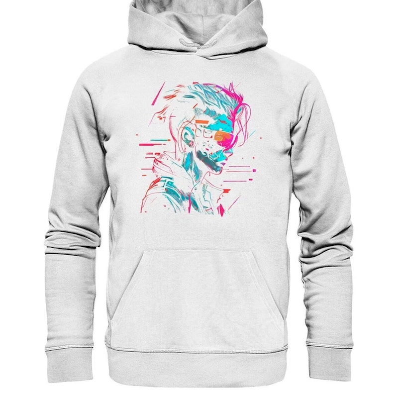 White hoodie with a colorful cyberpunk style design of a young man wearing sunglasses.