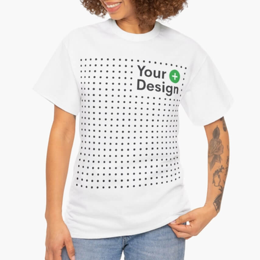 Unisex Heavy Cotton Tee with an “Add Your Design” placeholder.
