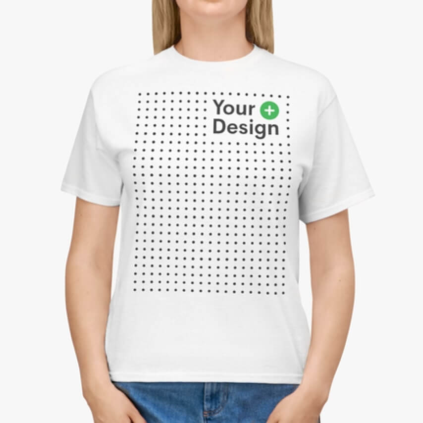 Unisex Ultra Cotton Tee with an “Add Your Design” placeholder.