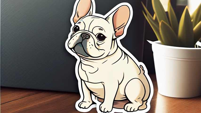 A die-cute sticker of a cute cartoon French bulldog with its backing paper cut around the sticker shape.