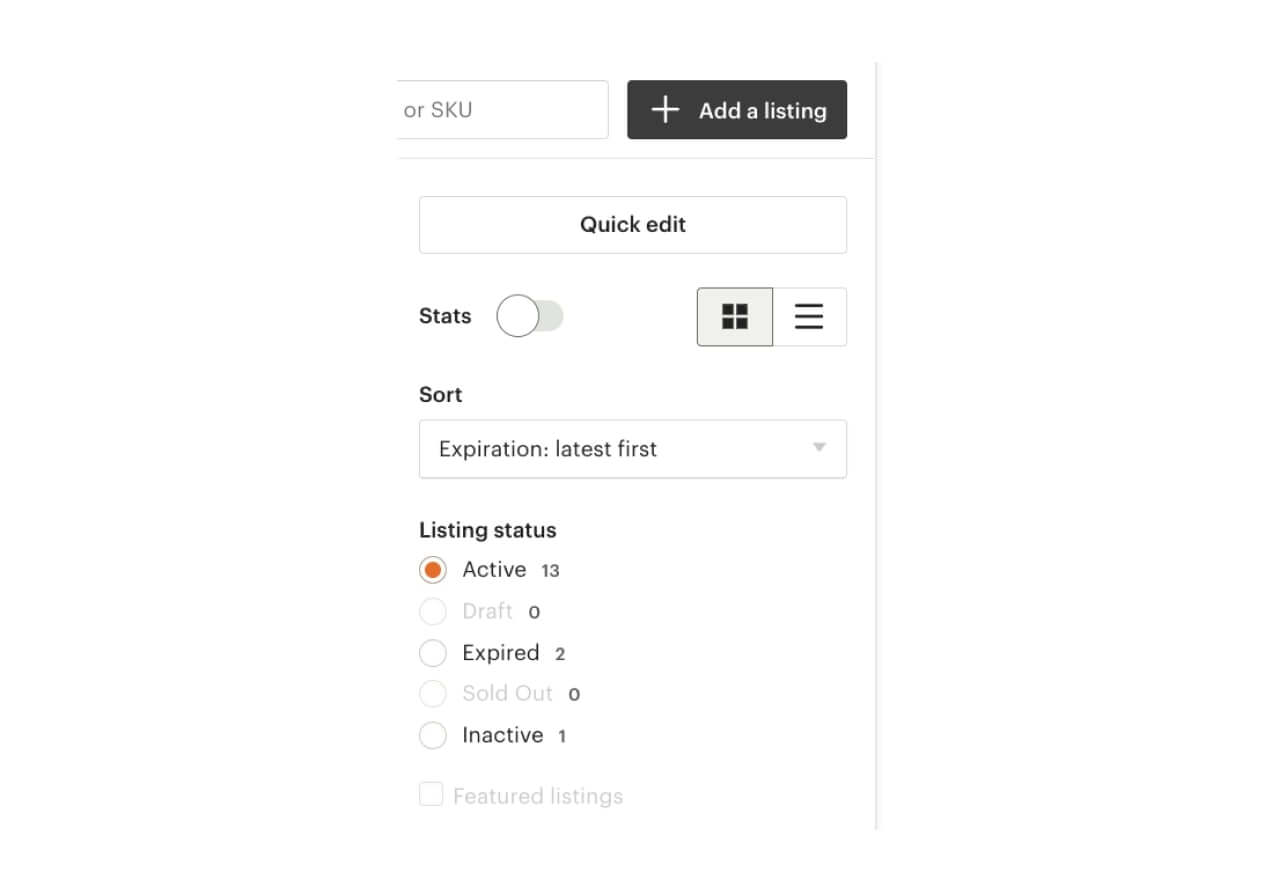 Etsy listing add button and listing filter screenshot.