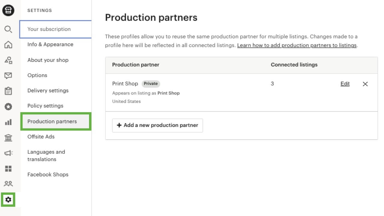 Production Partners section of Etsy's Shop Manager Settings.