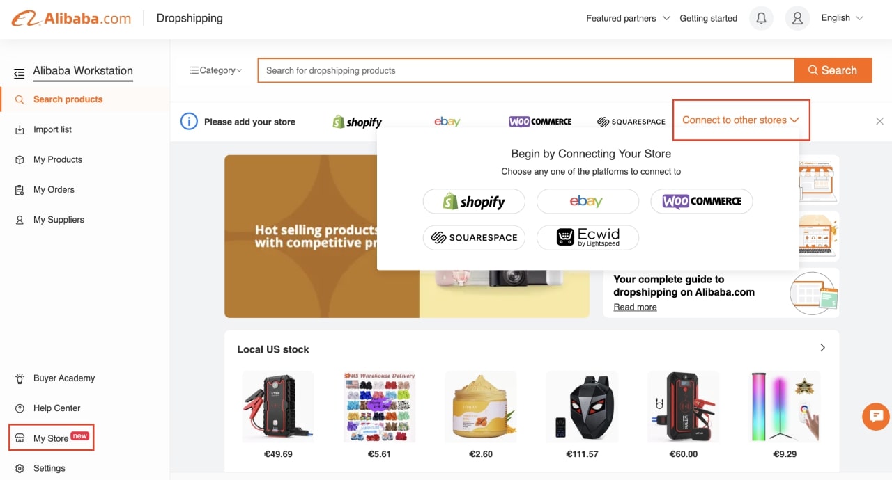 Alibaba Dropshipping homepage screenshot with store connection feature highlighted.