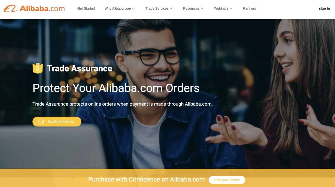 Alibaba Trade Assurance homepage hero section screenshot.