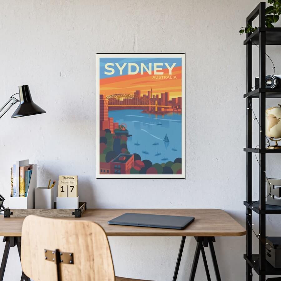 An image of a custom poster with an illustrated city of Sydney, Australia on it.