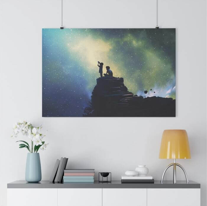 Horizontal custom poster with a design of two children looking up at a vast sky full of starts and the northern lights.
