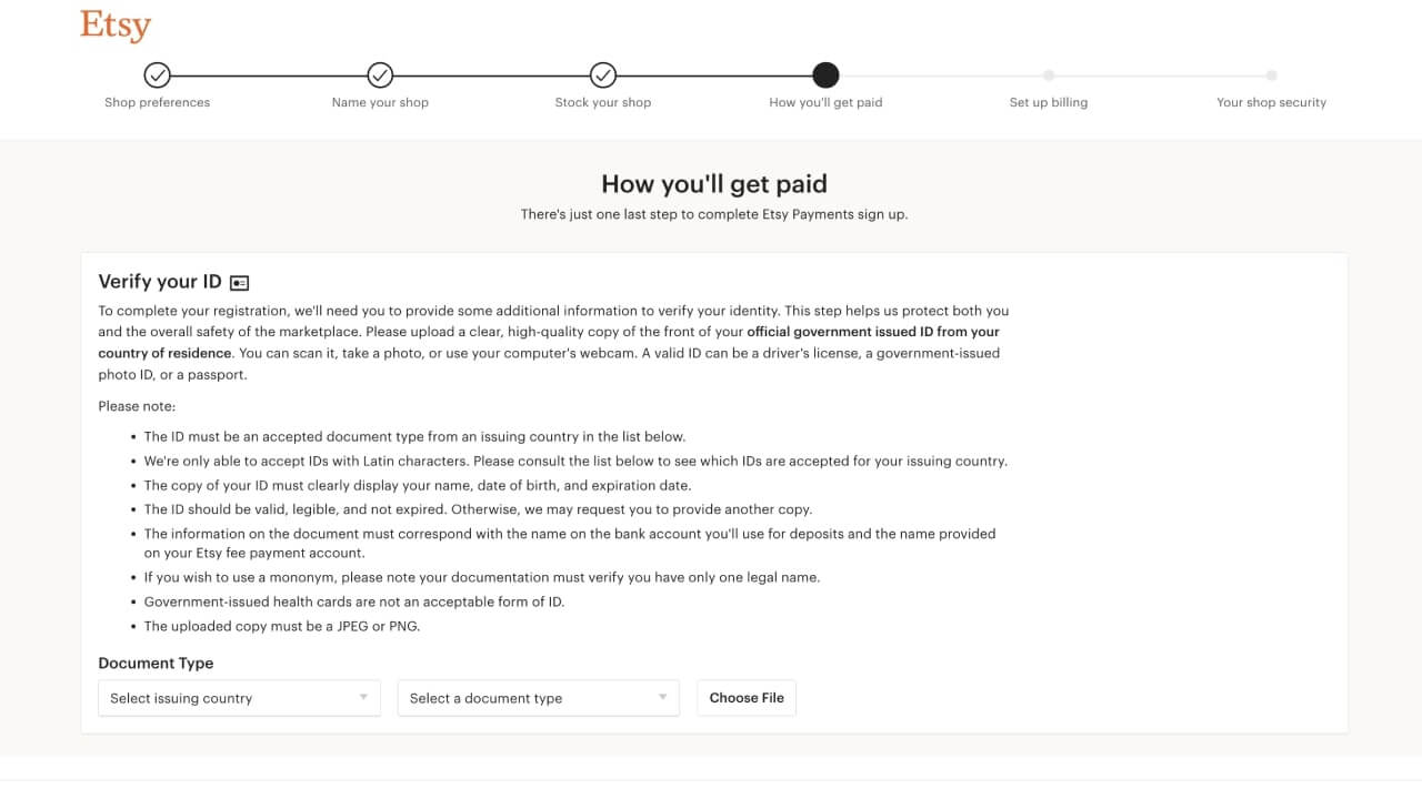 ID verification page of How You'll Get Paid section where one must upload a document to verify their identity.