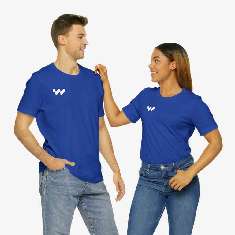 A man and a woman wearing custom company t-shirts in blue with logos on top.