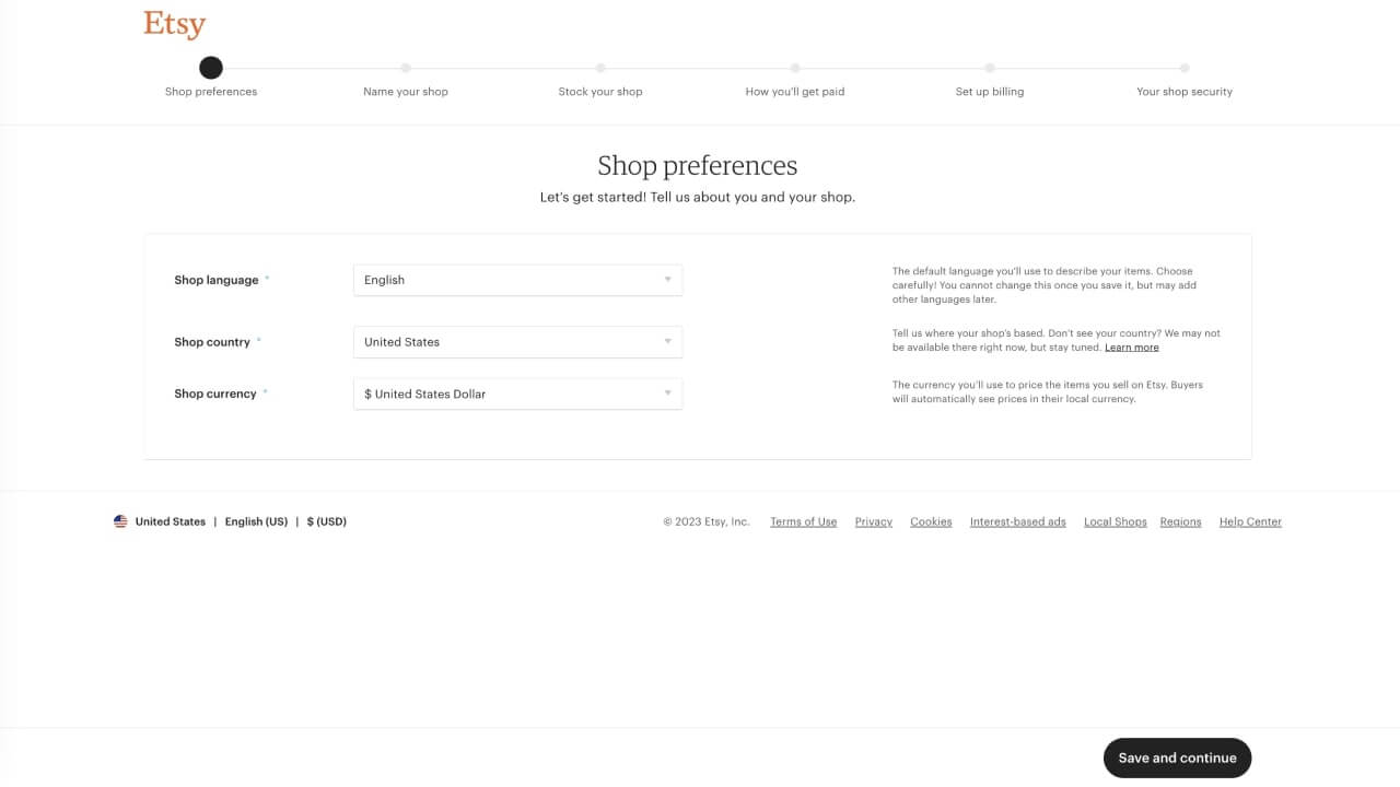 Shop Preferences section in which to fill in Shop language, country, and currency.
