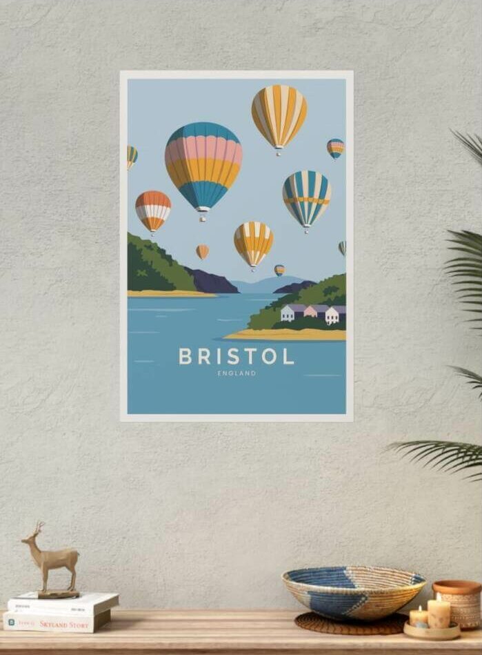 Vertical custom poster with a design of colourful hot air balloons and the text “Bristol, England” at the bottom.