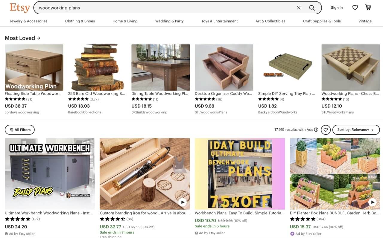 Etsy search results page screenshot for “woodworking plans”.