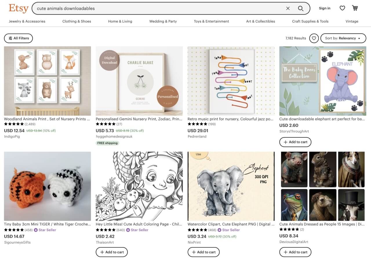 A screenshot of Etsy search results for “cute animals downloadbles”.