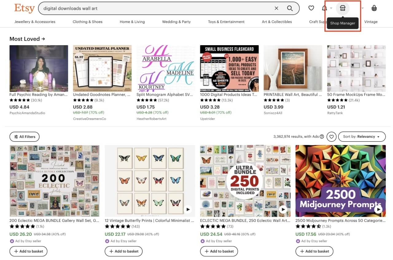 Etsy search results page screenshot with “Shop Manager” highlighted.