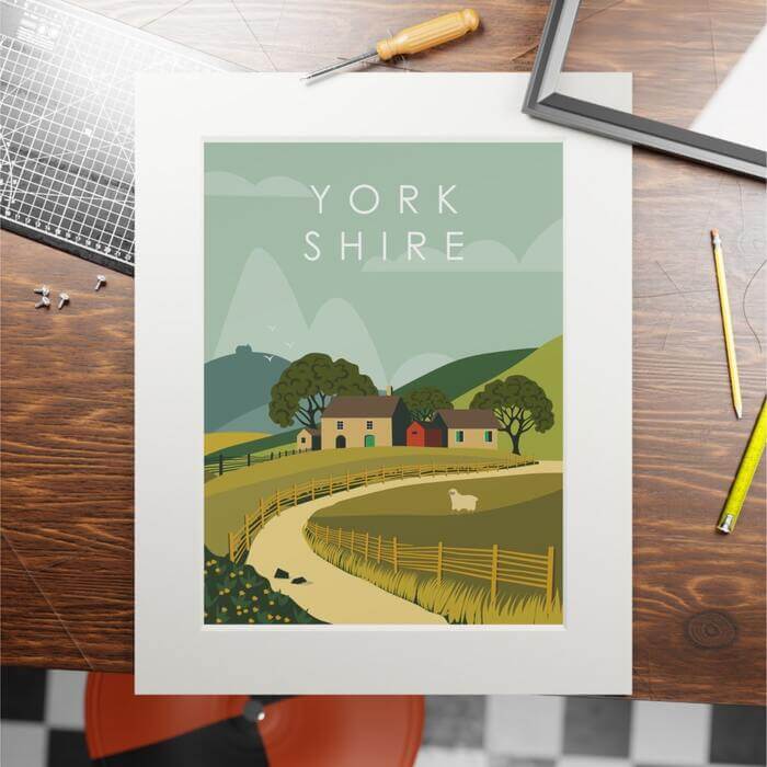 Vertical personalised poster with a stylized design of idyllic countryside scenery and the word “Yorkshire” at the top.