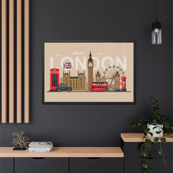 Horizontal poster with a design of London scenery – a red phone booth, red bus, the London Eye, the UK flag, and more.