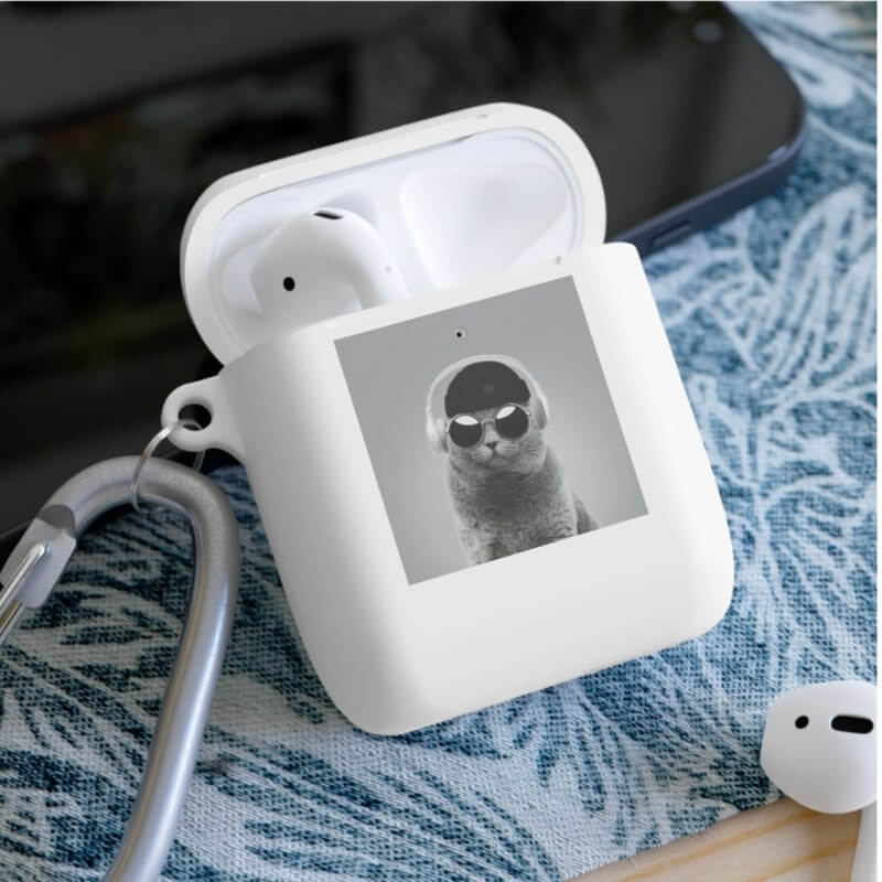 Personalized white AirPod case with a black-and-white photo of a cat wearing headphones and sunglasses.