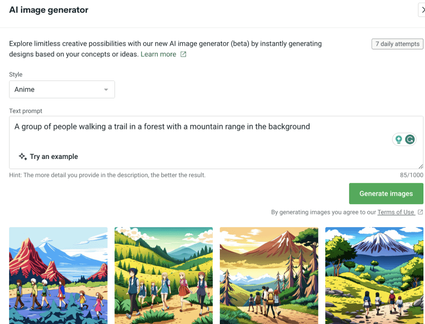 AI prompt example saying “A group of people walking a trail in a forest with a mountain range in the background” with the “Anime” style selected.