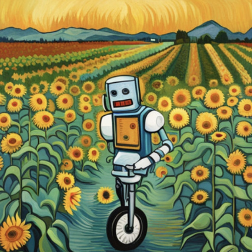 AI generated design of a robot in a field full of sunflowers in the style of Vincent van Gogh.