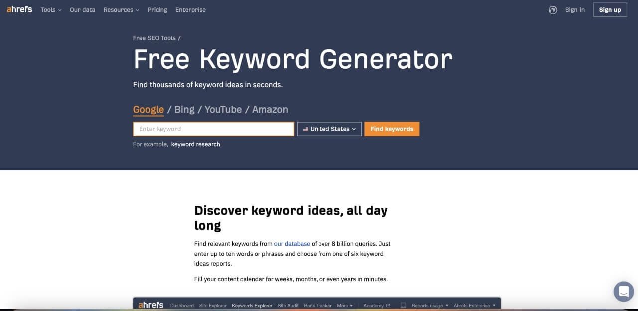 Ahrefs Free Keyword Generator homepage screenshot.