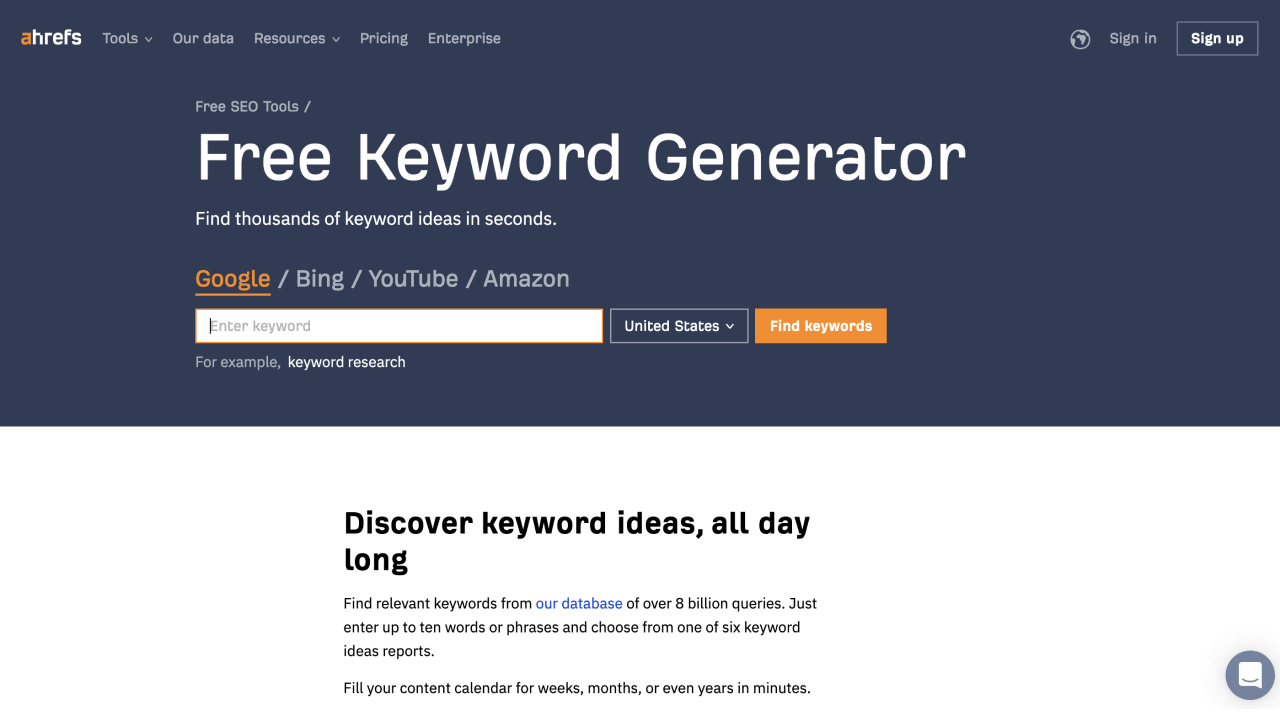 Ahrefs Free Keyword Generator homepage screenshot.
