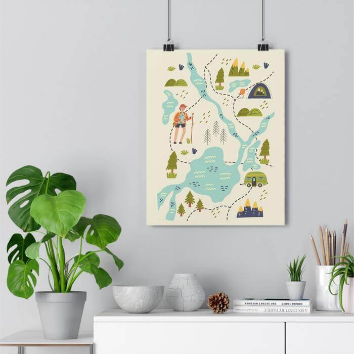 Vertical personalised poster with a design of a cartoon camping trail map