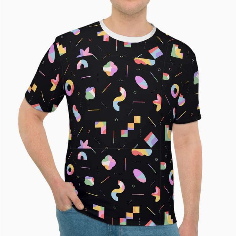 A mockup image of a man wearing a custom all-over-print loose t-shirt with an abstract print.