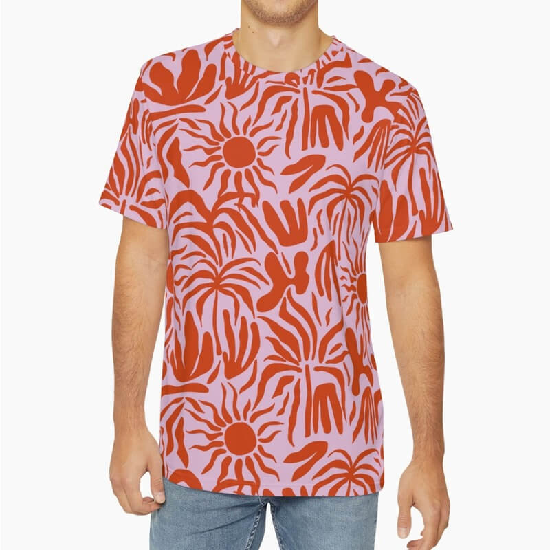 A mockup image of a man wearing a custom all-over-print polyester t-shirt with an abstract print.