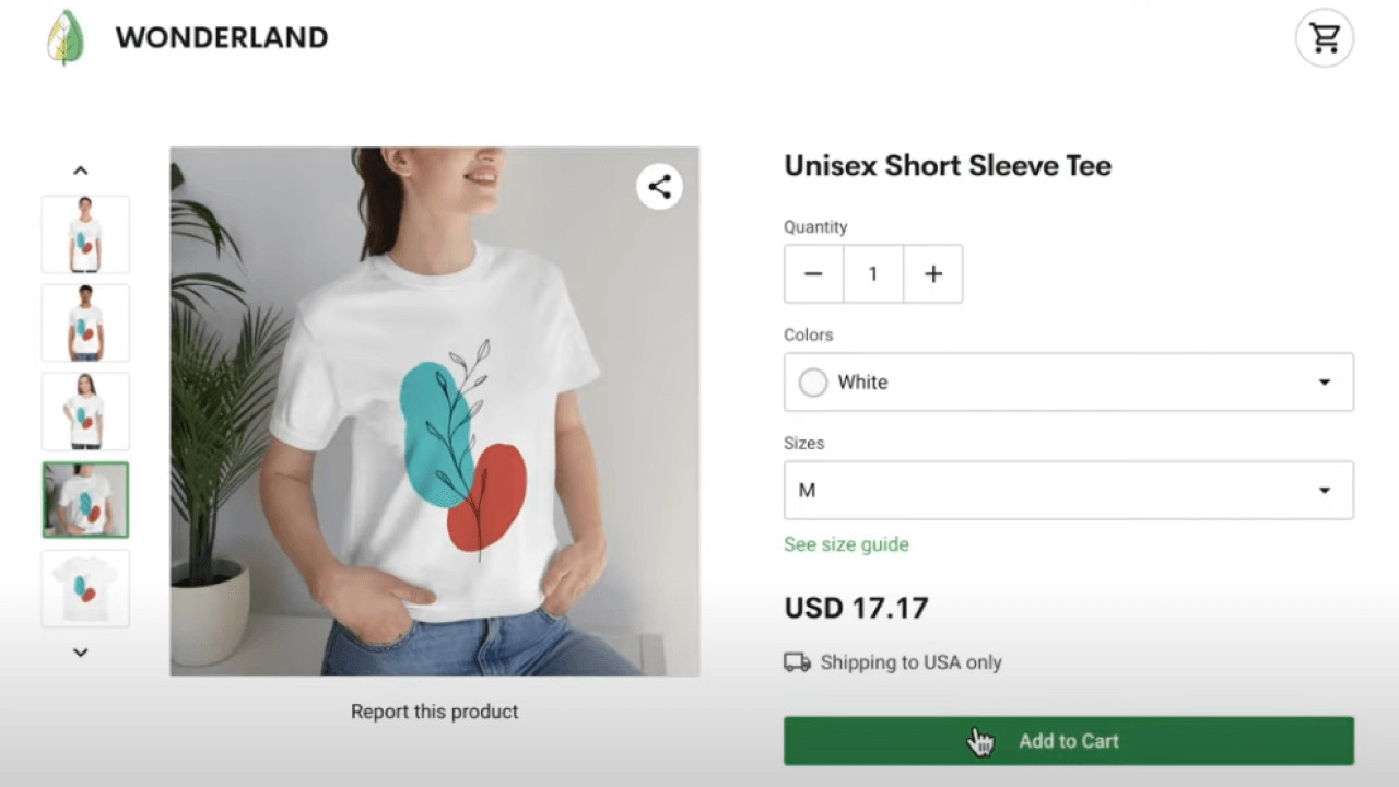 An online storefront showing a listing for a white t-shirt with an abstract plant design.