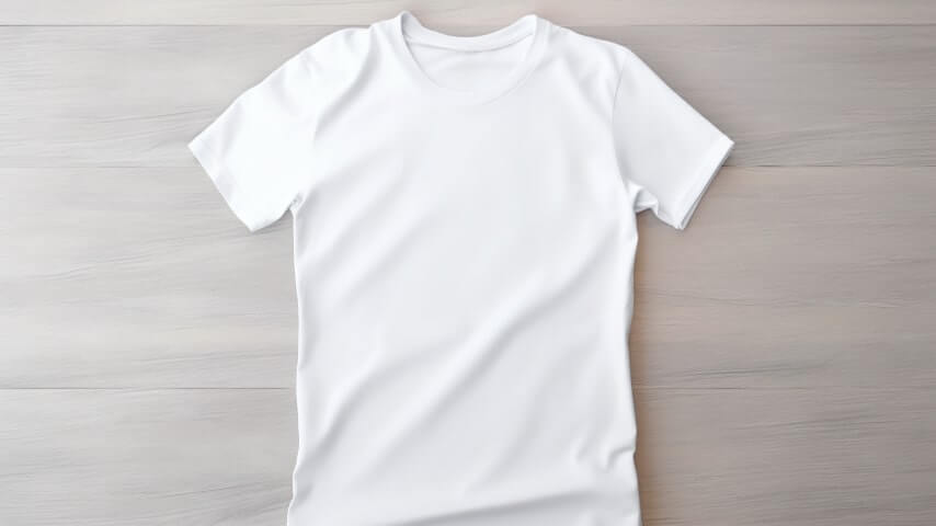 A white polyester t-shirt laid flat on a table, prepared for sublimation.