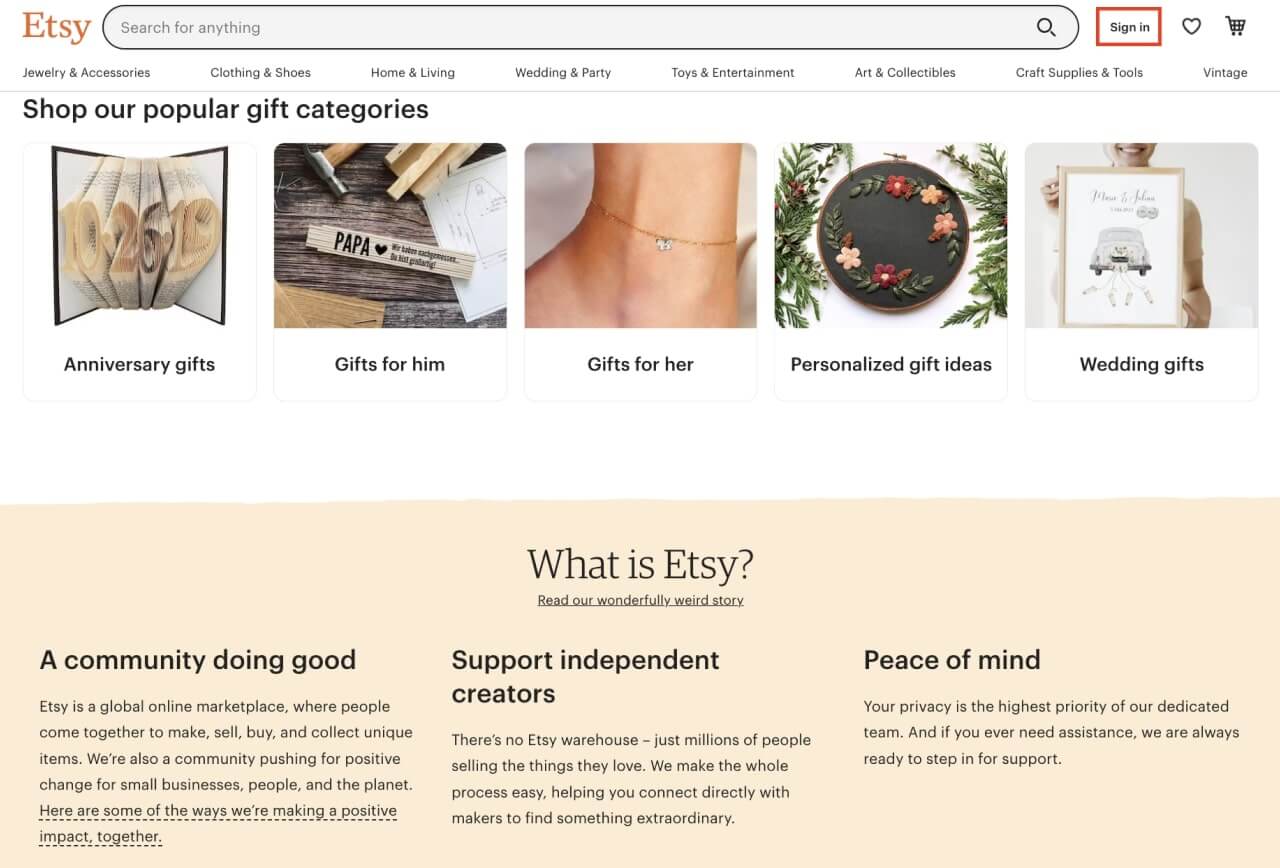 Etsy homepage screenshot with “Sign in” button highlighted.