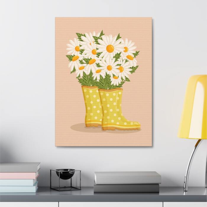 Vertical poster with a design of yellow polka-dotted rain boots filled with bouquets of white flowers.