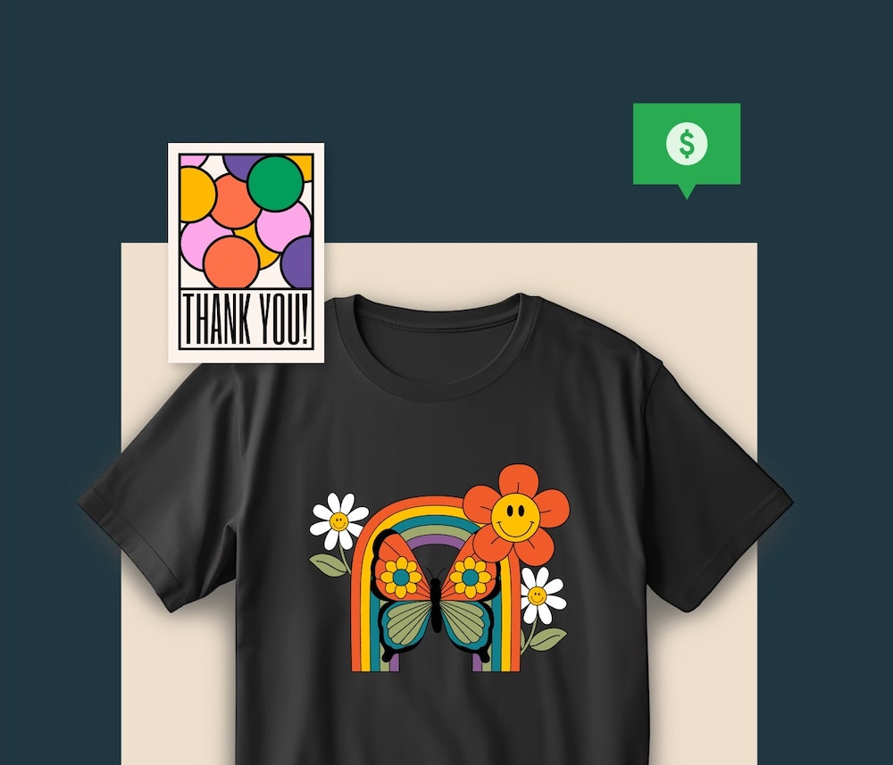 Black t-shirt with a colorful design of a butterfly, rainbow, and flowers together with a bright branding insert with “Thank You” written on it.